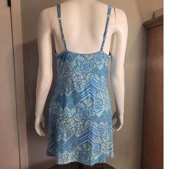 Vintage 90s Batik Slip Dress Aqua Floral Adjustable Straps Sz L Y2K Indie Trippy - Picture 4 of 10